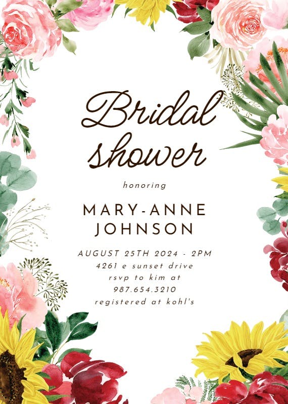 Burgundy sunflower - invitación para bridal shower