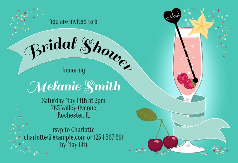 Cocktail and ribbon - bridal shower invitation