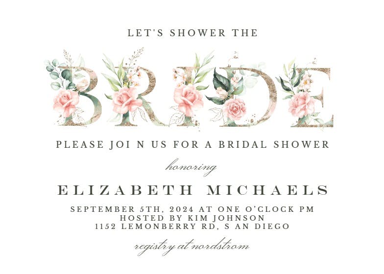 Floral bride typography -  invitación para bridal shower