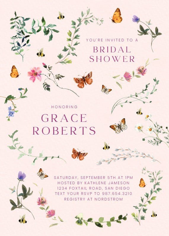 Floral dance with butterflies - invitación para bridal shower