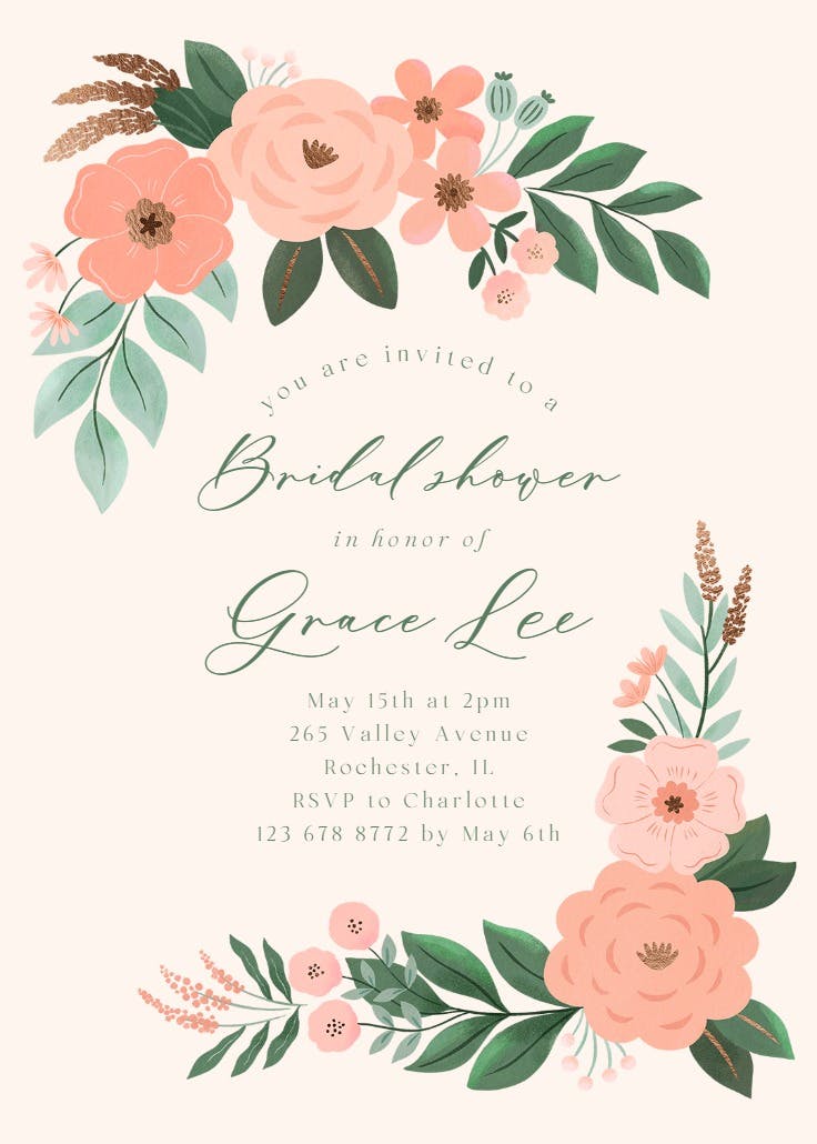 Floral peonies -  invitación para bridal shower