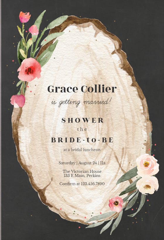 Floral wood slice -  invitación para bridal shower