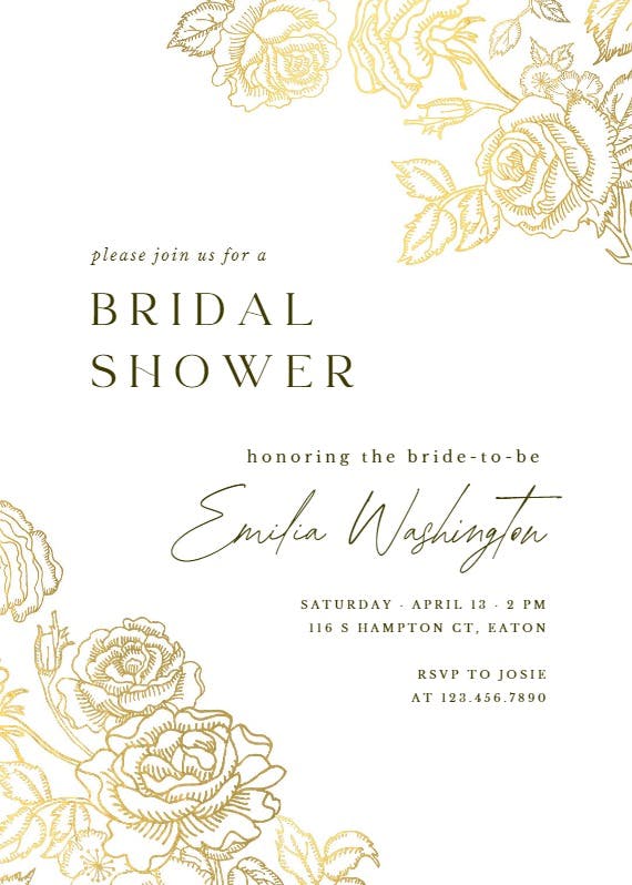 Gold foil roses -  invitación para bridal shower