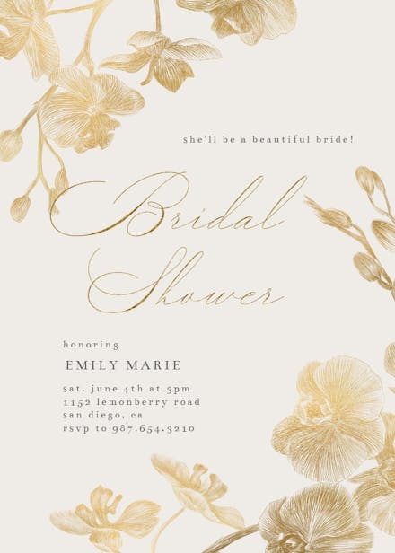 Gold orchids - bridal shower invitation