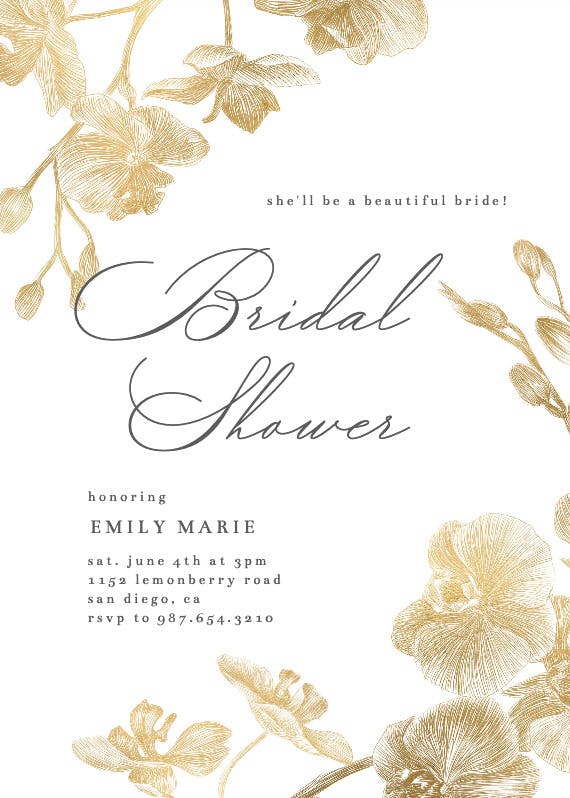Gold orchids - bridal shower invitation