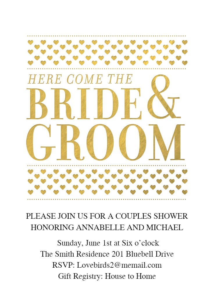 Here comes the bride and groom - bridal shower invitation