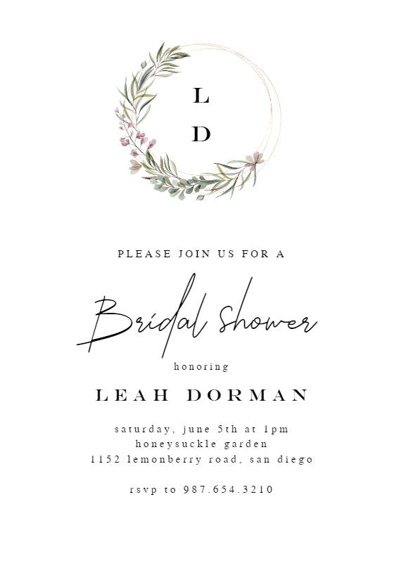 Monogram wreath -  invitación para bridal shower