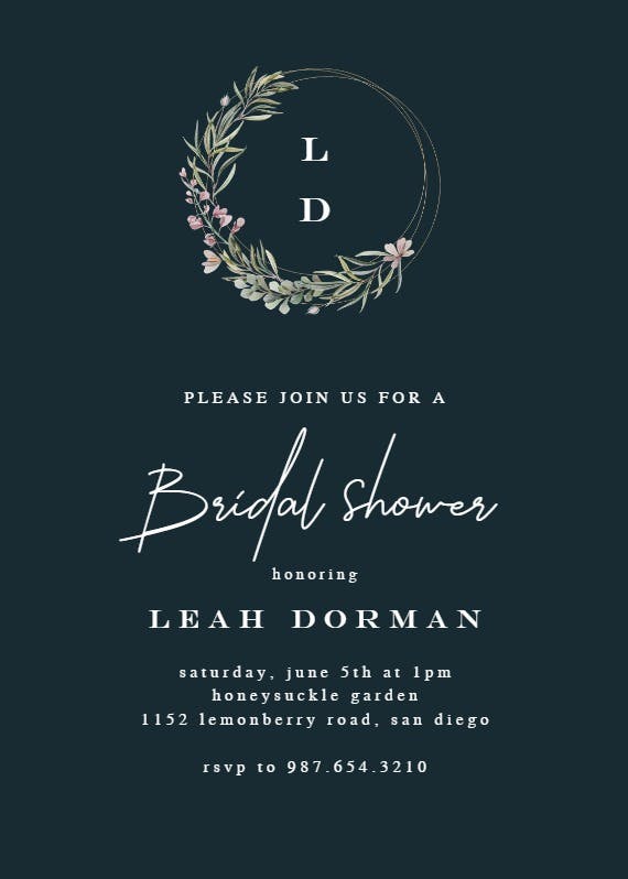 Monogram wreath -  invitación para bridal shower
