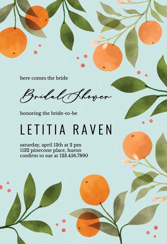 Oranges and florals -  invitación para bridal shower