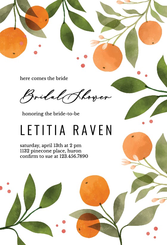 Oranges and florals -  invitación para bridal shower