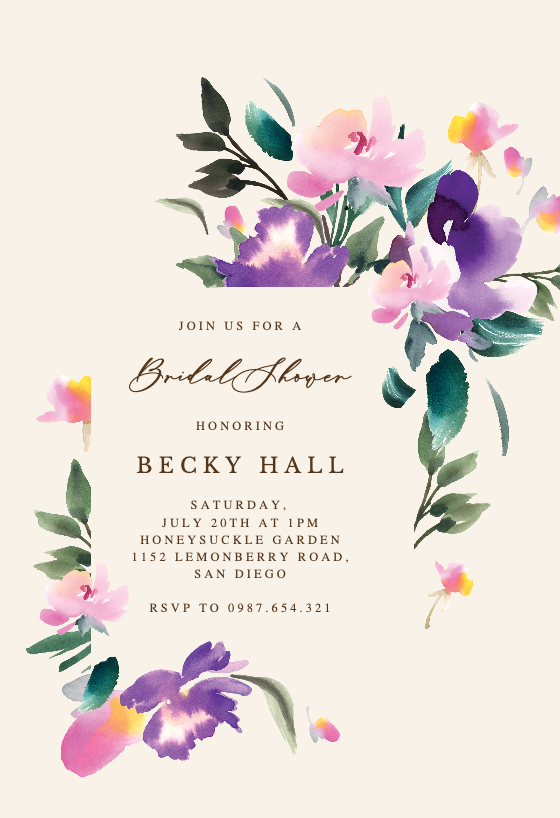 Purple flowers Bridal Shower Invitation Template (Free) Greetings