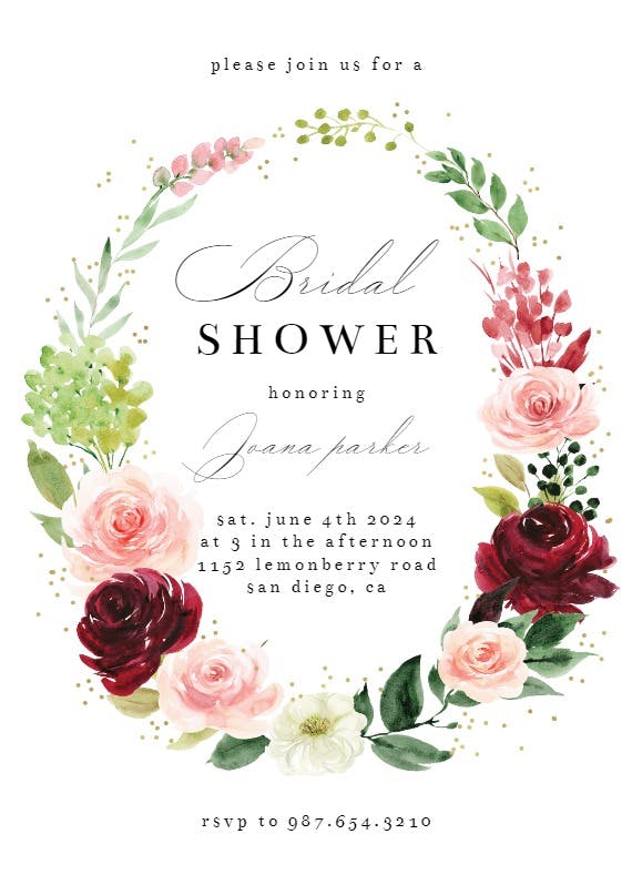Romantic roses wreath -  invitación para bridal shower