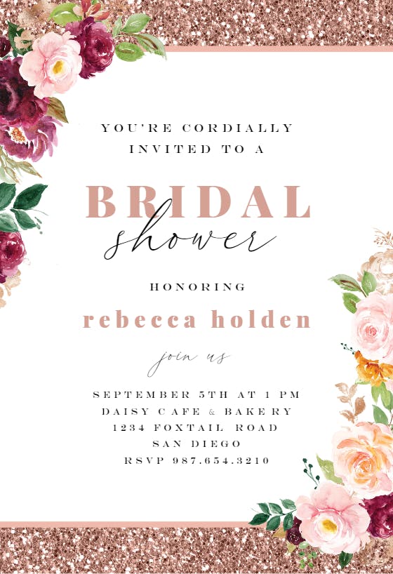 Rose gold glitter flowers -  invitación para bridal shower
