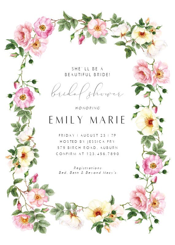 Roses watercolor wreath -  invitación para bridal shower