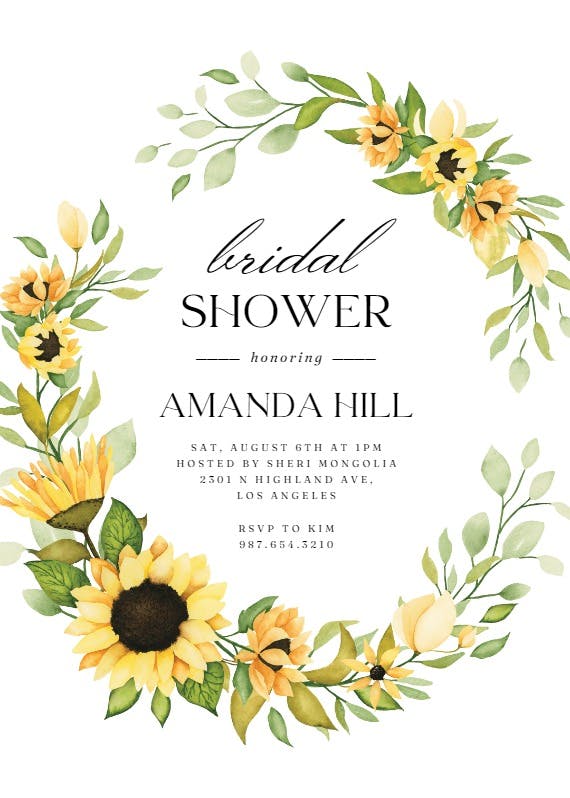 Sunflower open wreath - bridal shower invitation