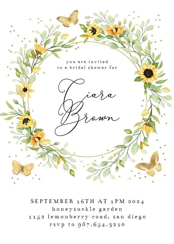 Sunflower wreath with butterflies - bridal shower invitation