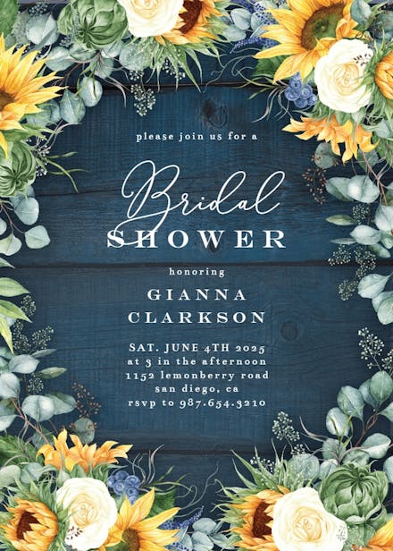 Sunflowers on navy blue wood - bridal shower invitation