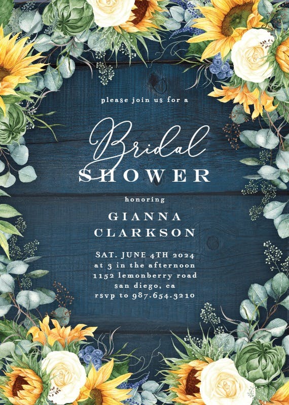 Sunflowers on navy blue wood -  invitación para bridal shower