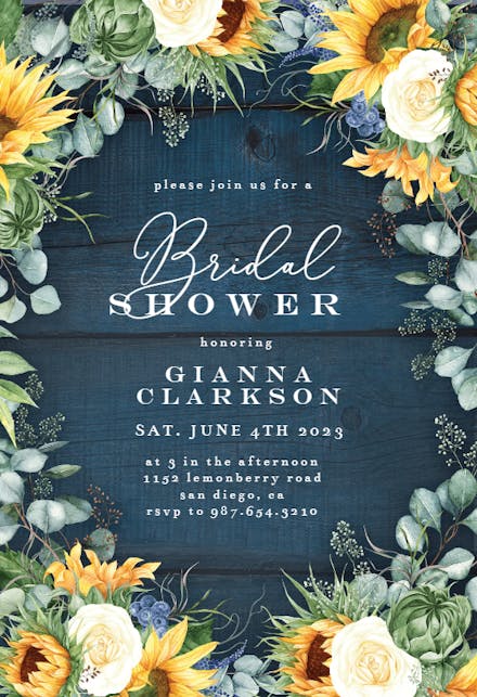 Sunflowers on Navy Blue Wood - Bridal Shower Invitation