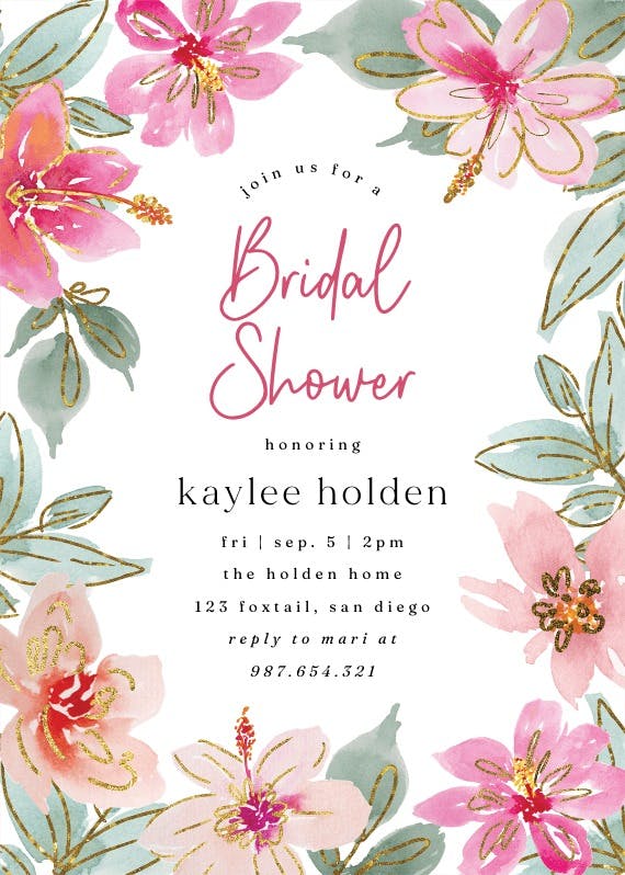 Tropical glitter flowers - party invitation