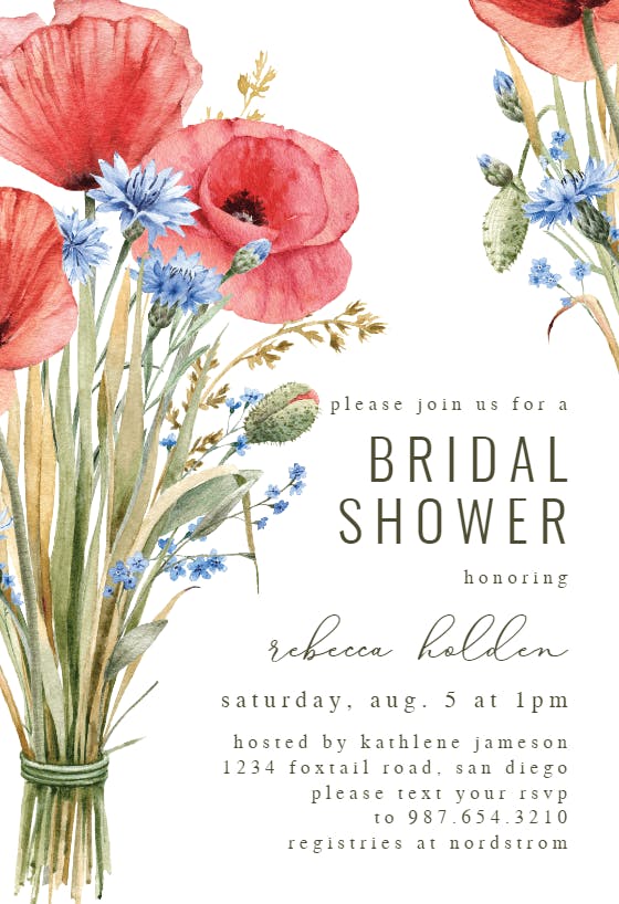 Watercolor poppies -  invitación para bridal shower