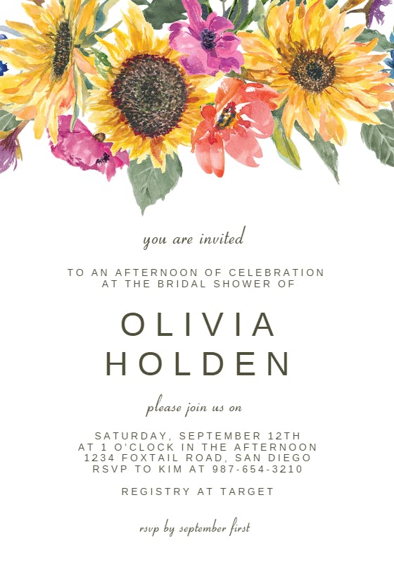 Watercolor sunflower -  invitación para bridal shower