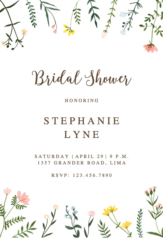 Wildflower Watercolor Border - Bridal Shower Invitation Template 