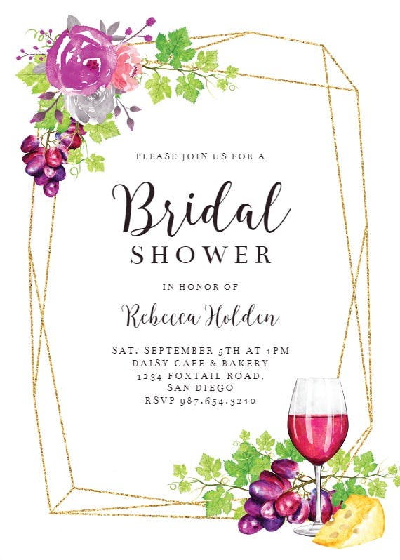 Wine and flower wreath -  invitación para bridal shower