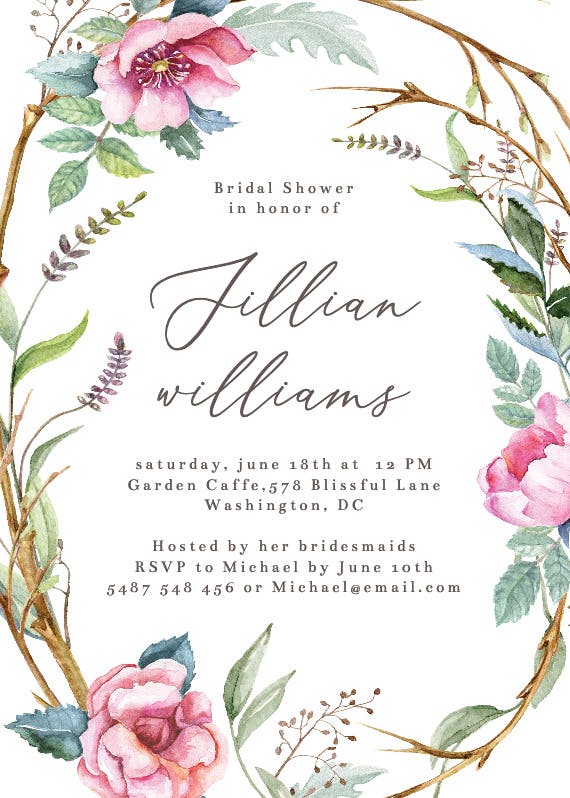Woodland flower wreath -  invitación para bridal shower