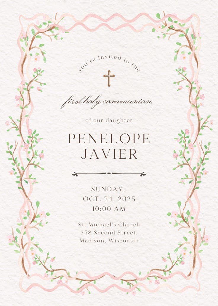 Beautiful vines - first holy communion invitation