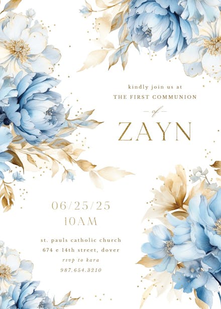 Blue blooms - first holy communion invitation