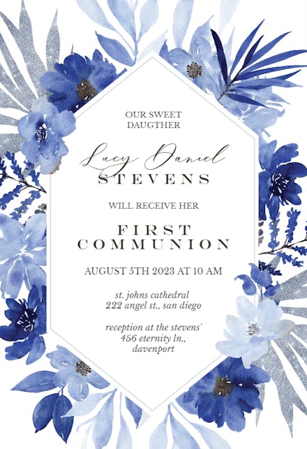 Blue Bouquet Frame - First Holy Communion Invitation