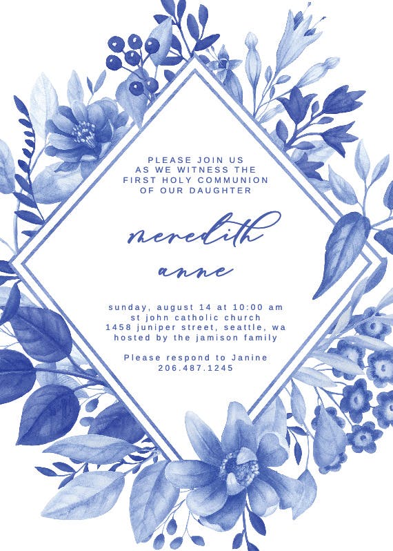Blue floral romb - first holy communion invitation