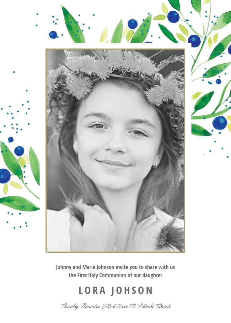 Blueberry fields - first holy communion invitation