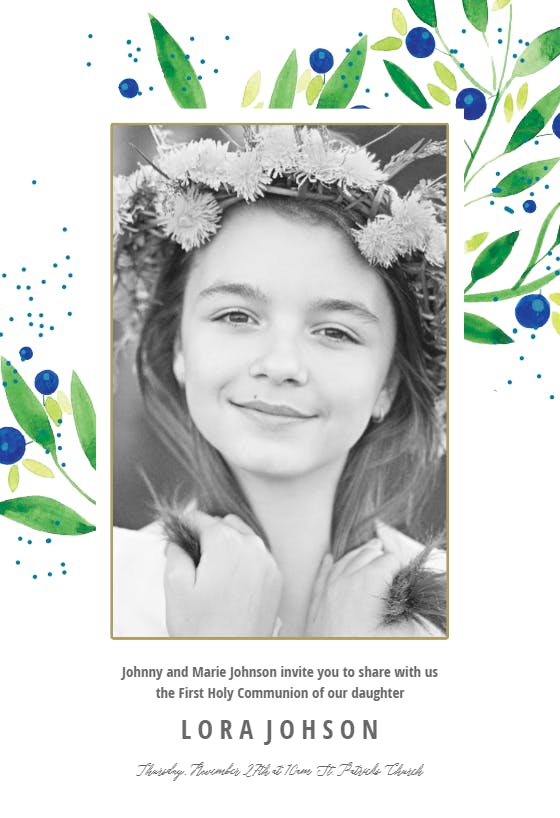 Blueberry fields - first holy communion invitation