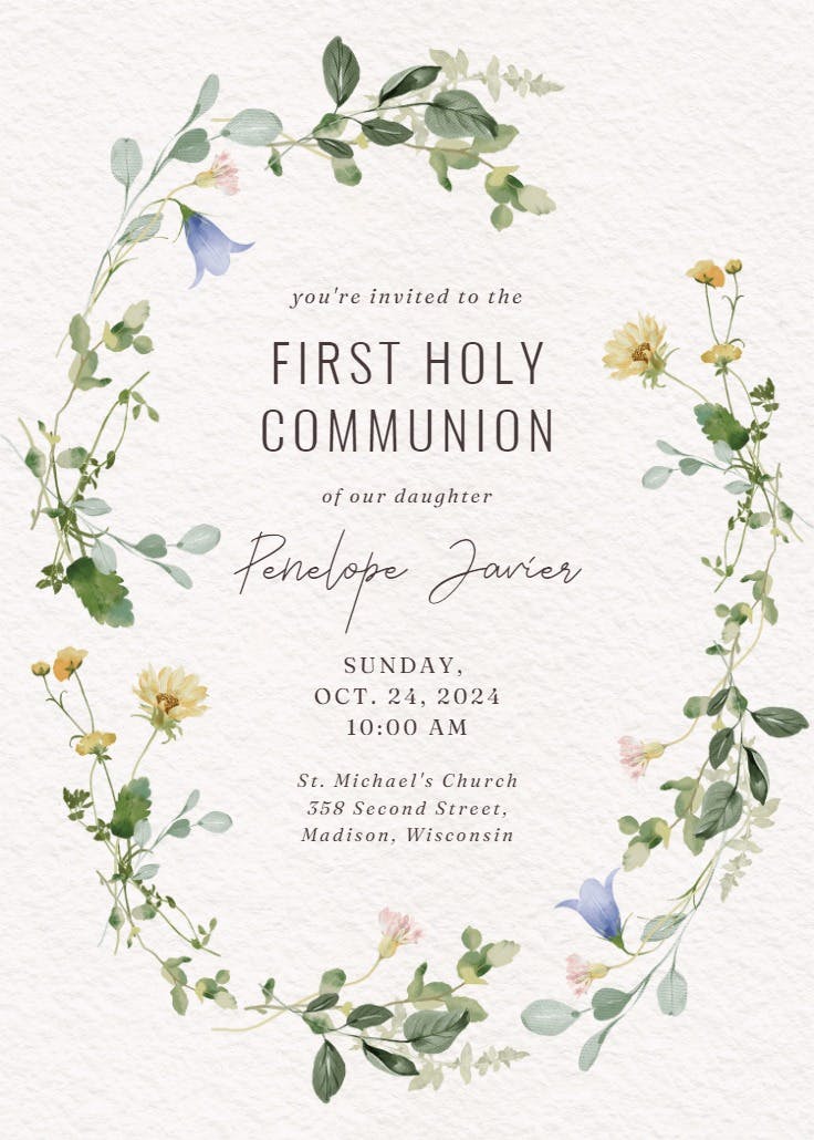 Border of blooms - first holy communion invitation