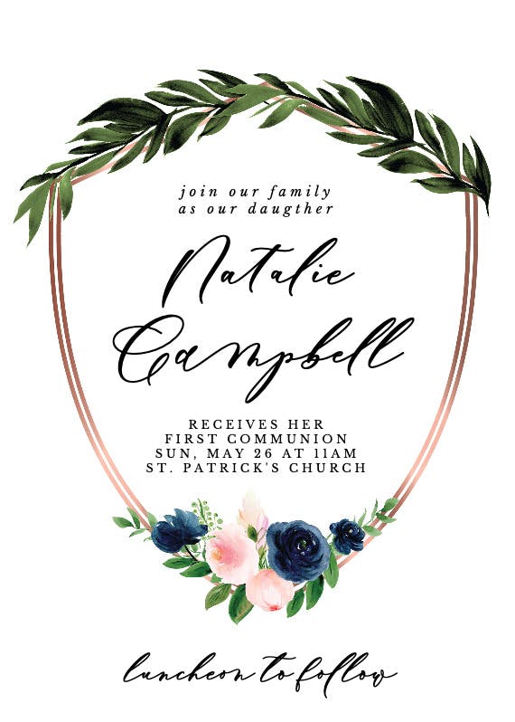 Bridal navy flower crest - first holy communion invitation