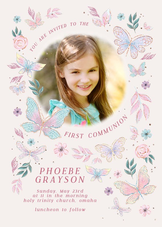 Butterfly florals - first holy communion invitation