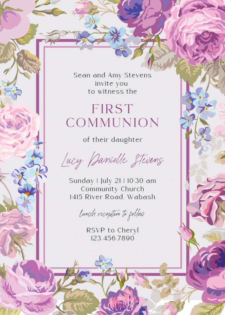 Cabbage roses - first holy communion invitation