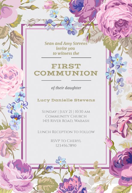 Purple Flowers - First Holy Communion Invitation Template (Free ...