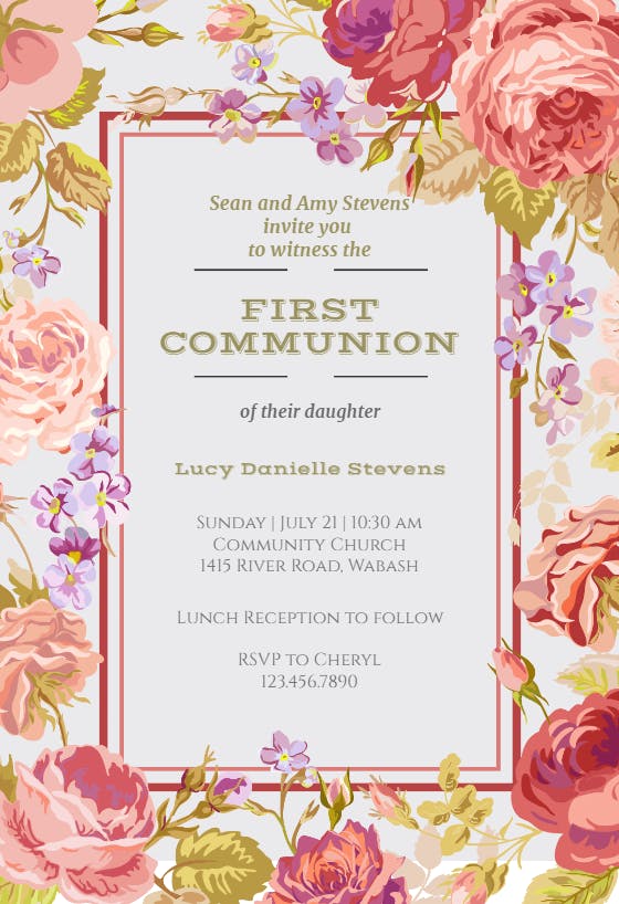 Cabbage roses - first holy communion invitation