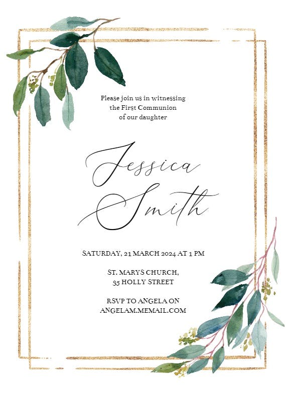 Double frame & leaves - first holy communion invitation