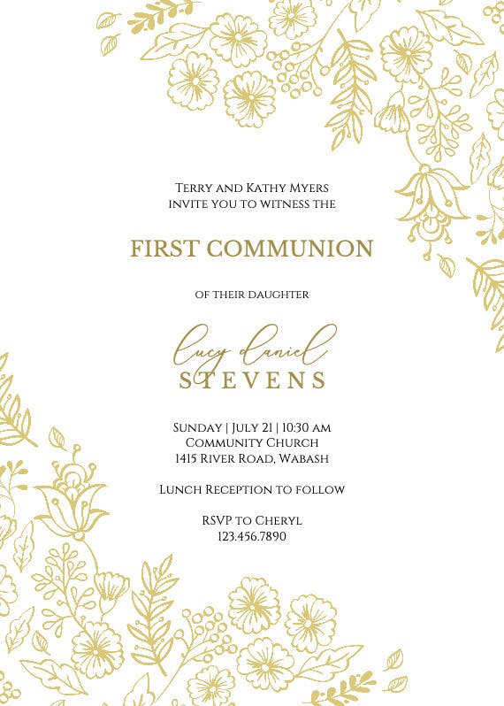Elegant flowers - first holy communion invitation