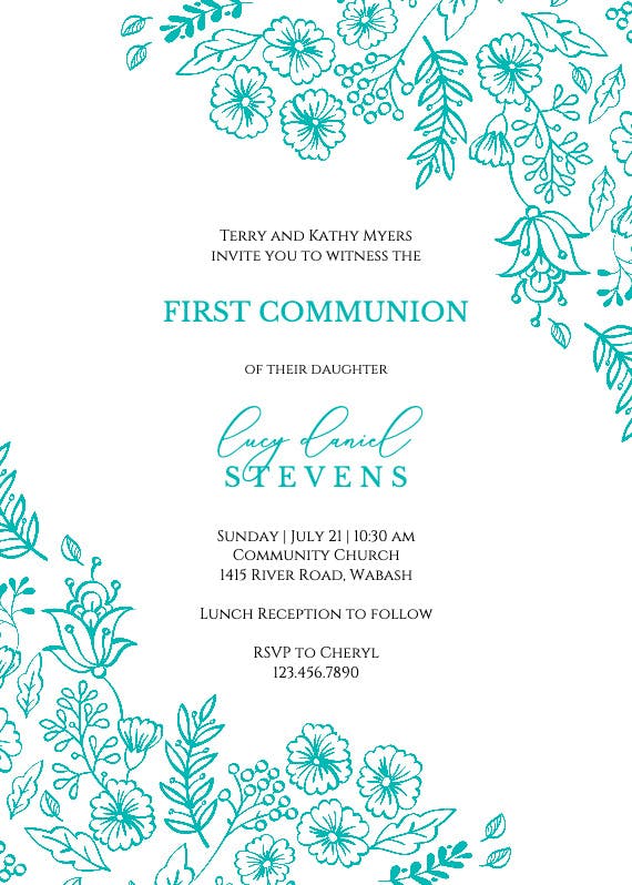 Elegant flowers - first holy communion invitation