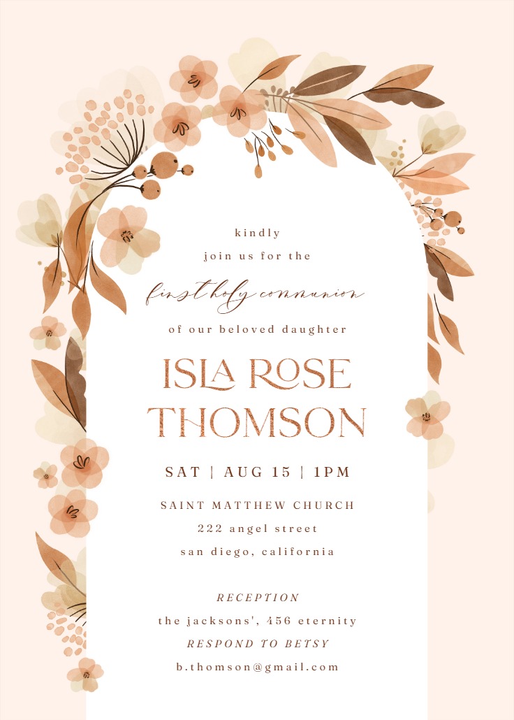 Fall floral arch - First Holy Communion Invitation Template | Greetings ...