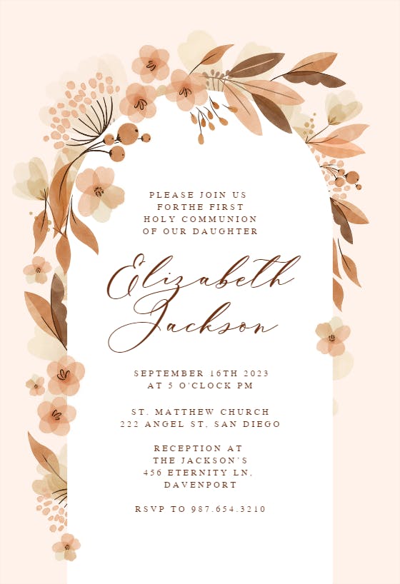 Fall Floral Arch - First Holy Communion Invitation Template | Greetings ...