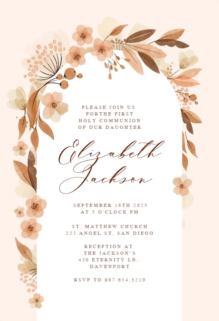 Fall Floral Arch - First Holy Communion Invitation Template | Greetings ...