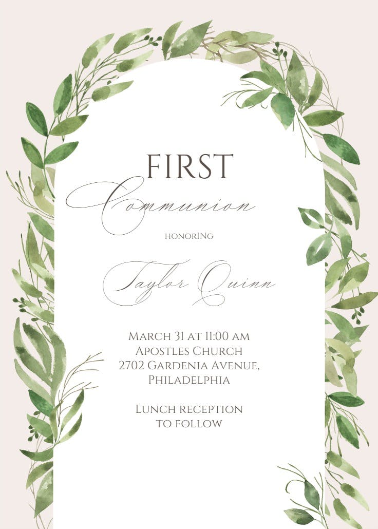 Feathery ferns - first holy communion invitation