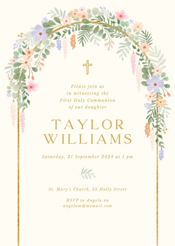 Floral arch - first holy communion invitation