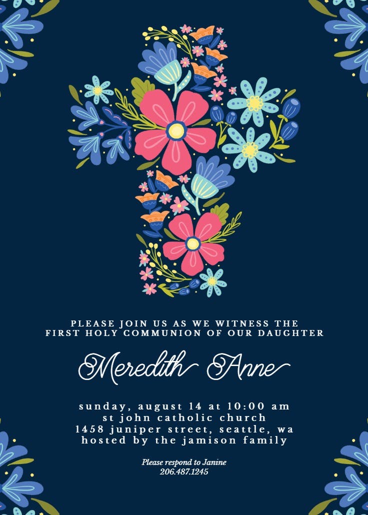 Floral cross - first holy communion invitation